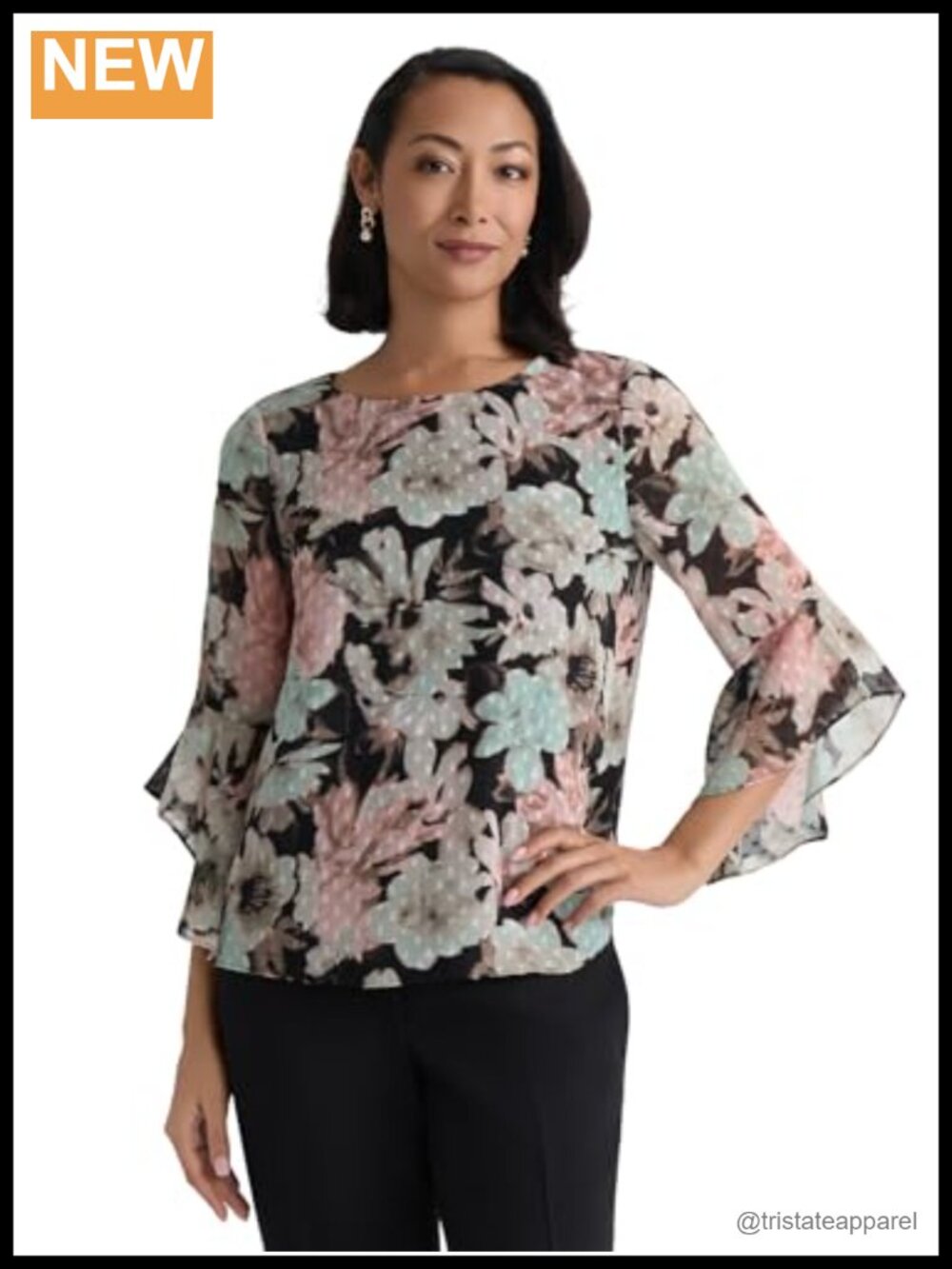 Women's 3/4 Ruffle Sleeve Printed Clip Dot Blouse - 100% Polyester